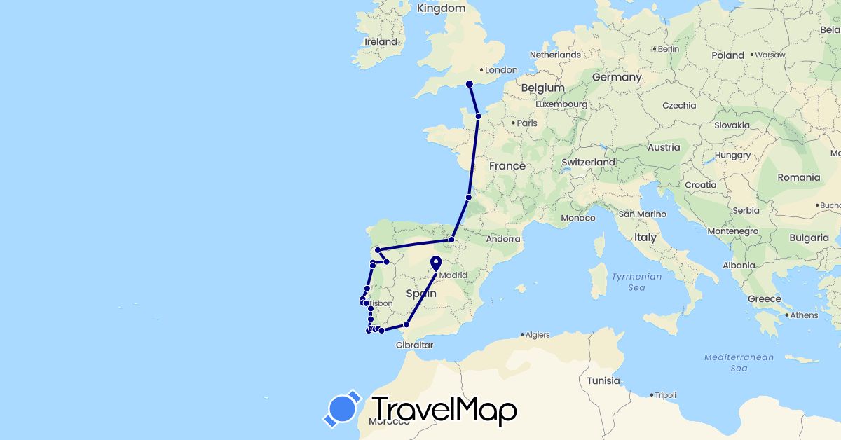 TravelMap itinerary: driving in Spain, France, United Kingdom, Portugal (Europe)